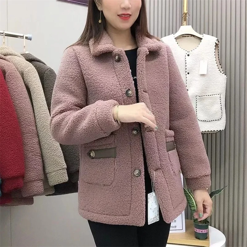 Autumn Winter 2023 New Women Imitation Lamb Wool Jacket Thicke Warm Pocket Pimp Fur Coat Female Cotton Padded Jacket Outerwear