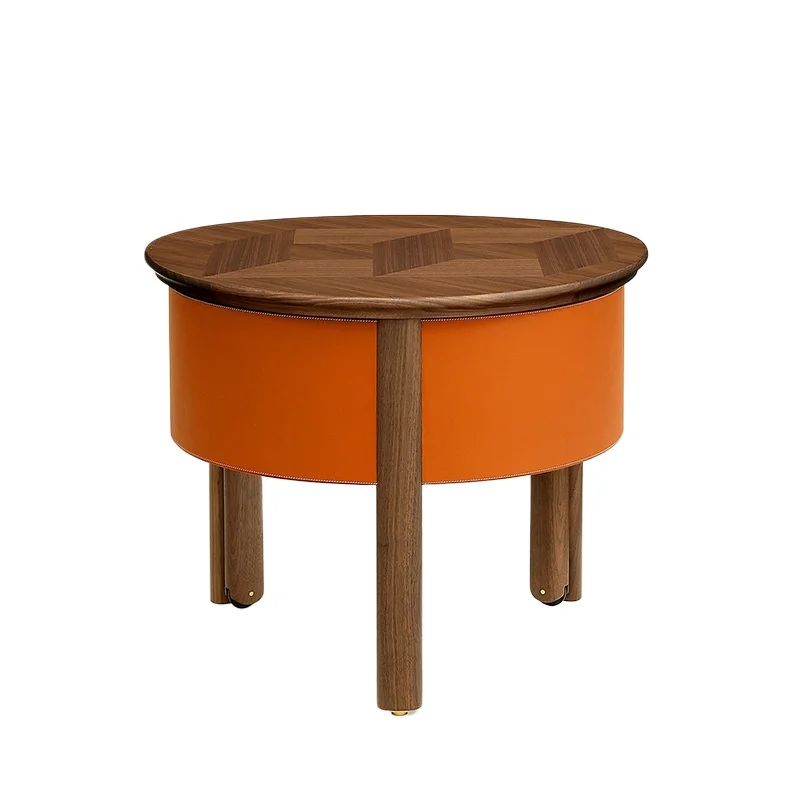 

Simple solid wood walnut color leather art rotating storage side table coffee table