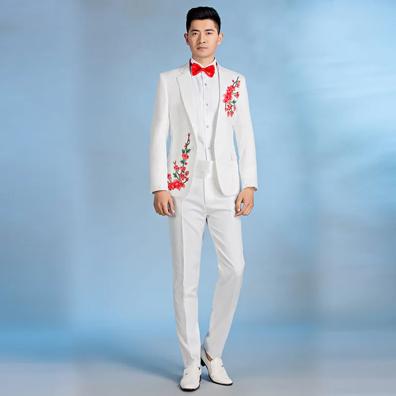 2 Piece Set Suit Set Costume Singer Emcee Costume Men Dress Suits Formal Wedding Suit  Ensemble Embroidery Slim Fit Suits Male