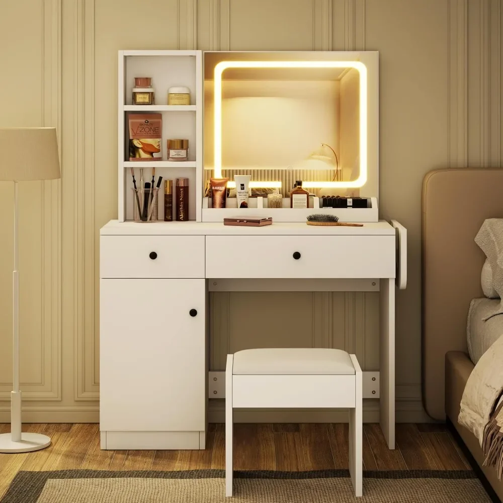 Dressing table with mirror and lighting, dresser set with socket and drawer, open shelves and lockers, bedroom dresser set