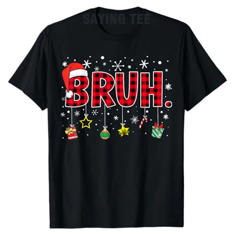

Bruh Funny Christmas Red Plaid Teen Boys Kids Xmas Pajamas T-Shirt Humorous Holiday Clothes Cute Short Sleeve Blouses Saying Tee