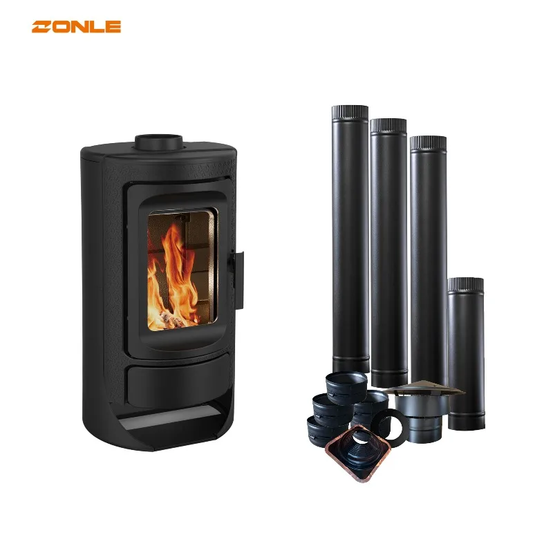 R1003A Stufa a legna rotonda per riscaldamento interno in ghisa durevole con stoccaggio dei tronchi (prezzo non include tubo)