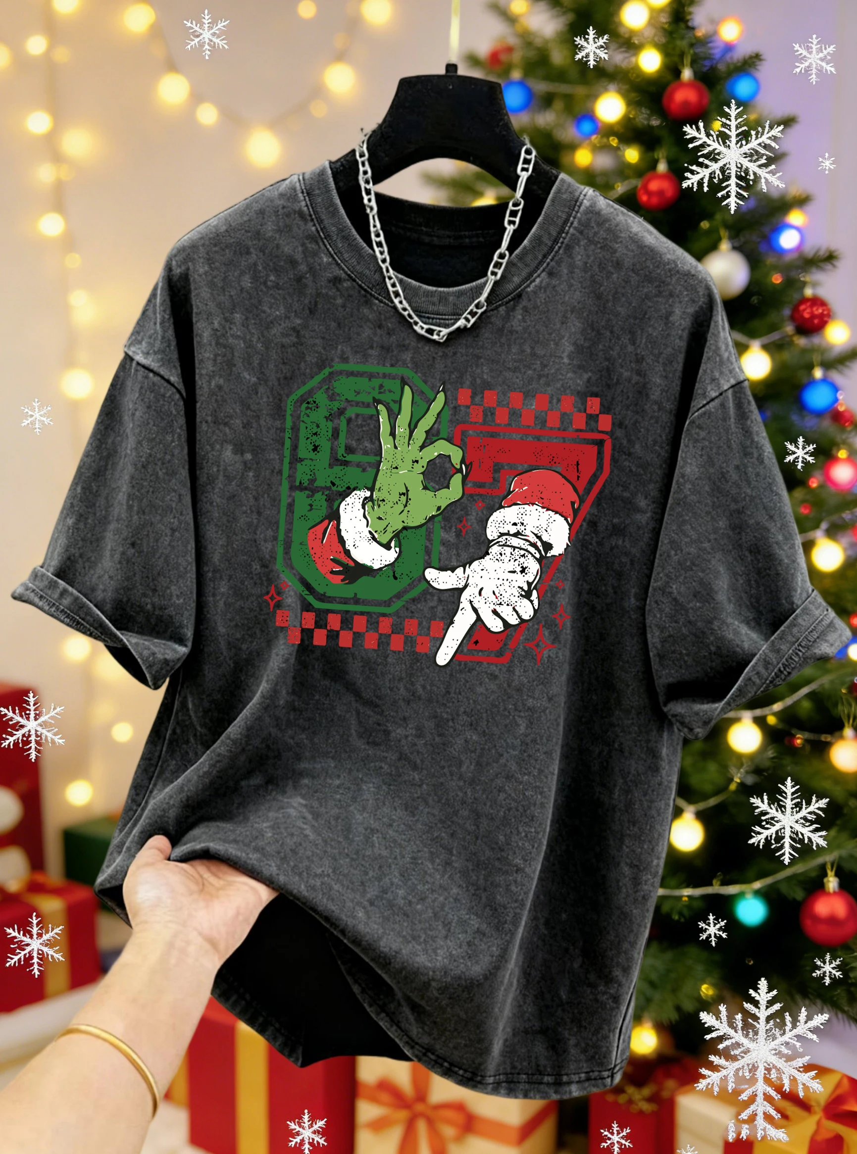 

Merry Christmas Hand 6 And 7 Print Washed T Shirt Women Casual Cotton T-Shirts Hip Hop Summer Clothes Loose Short Sleeves