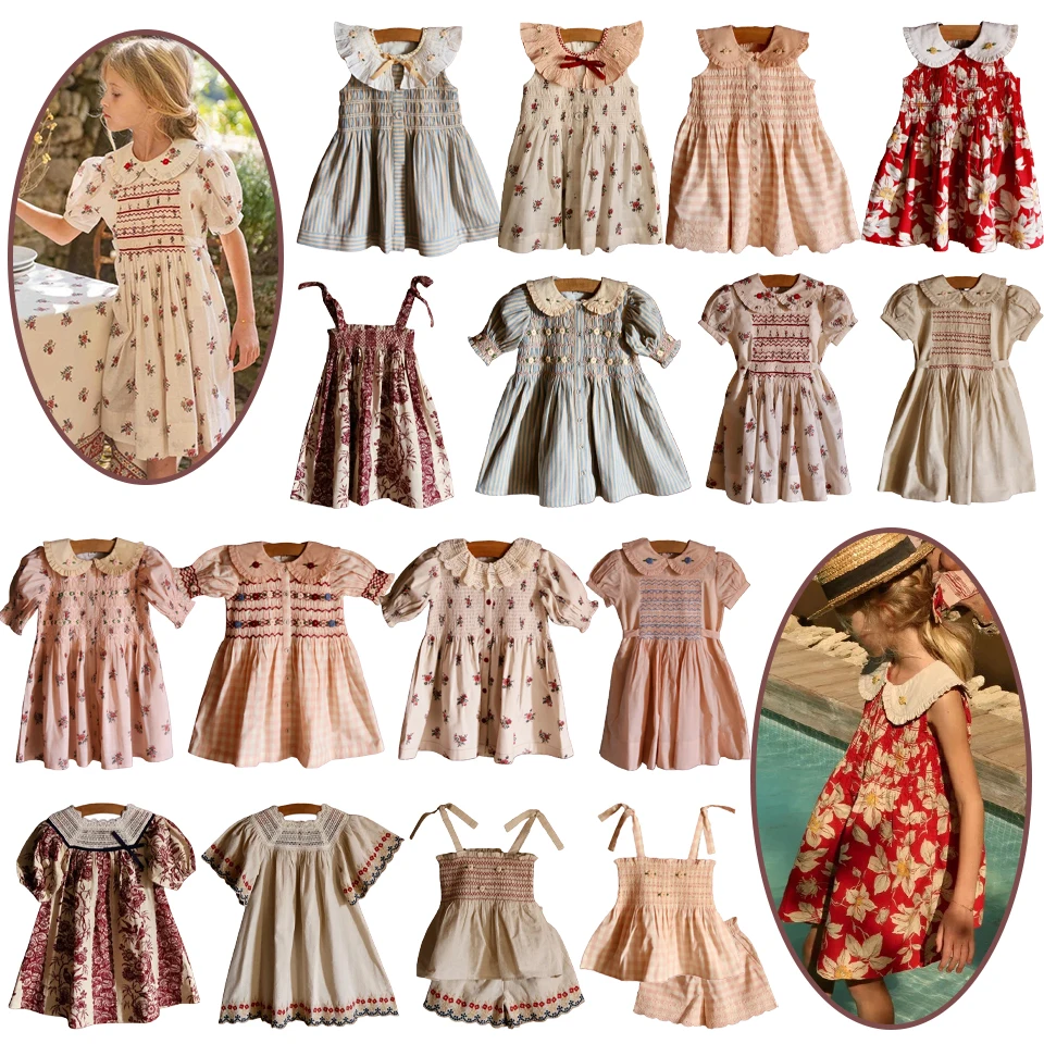 Robe brodée d'été 2026 BD pour filles, ensemble de vêtements pour enfants avec short et débardeur imprimé floral, robe de princesse pastorale pour filles