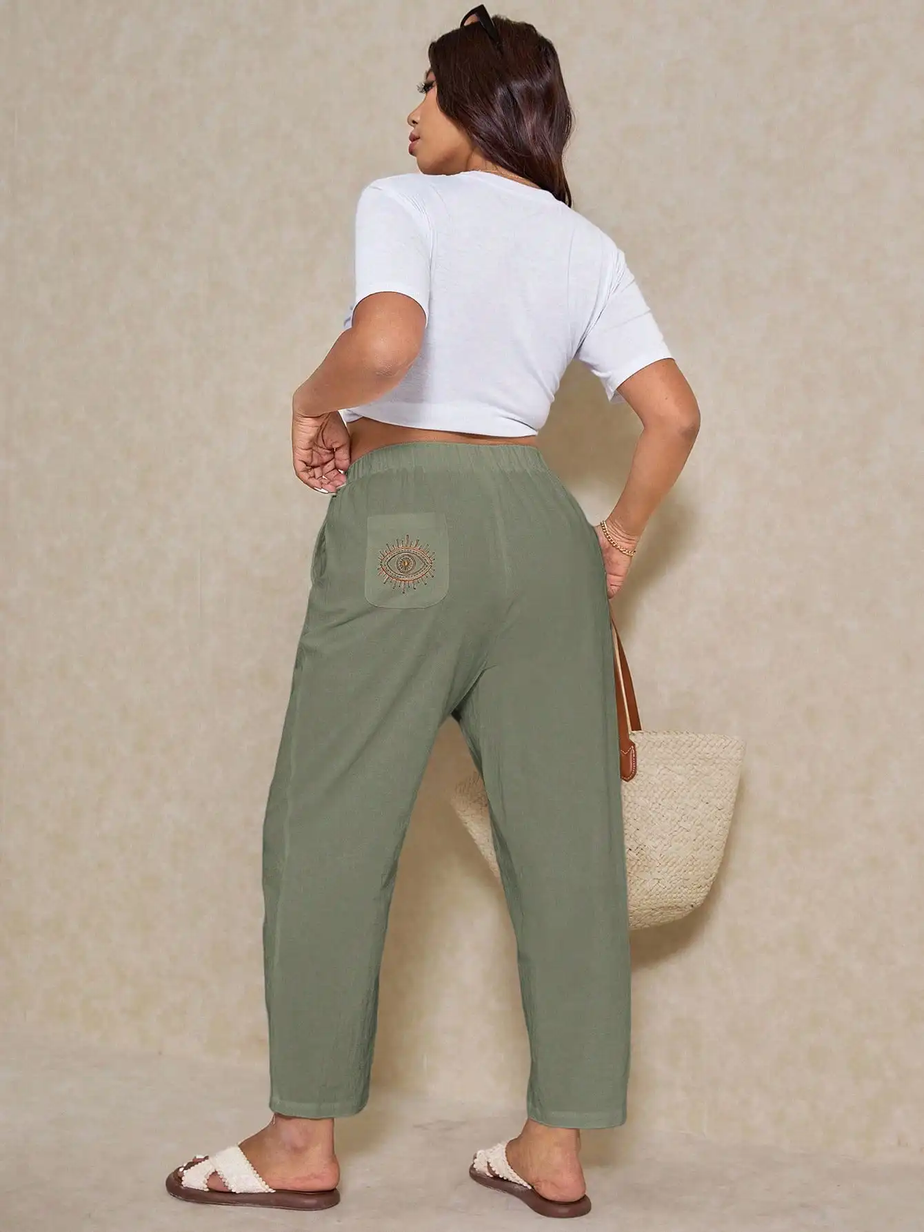 

Женские повседневные брюки больших размеров с вышивкой в виде глаз и завязками на талии, зауженные к низу