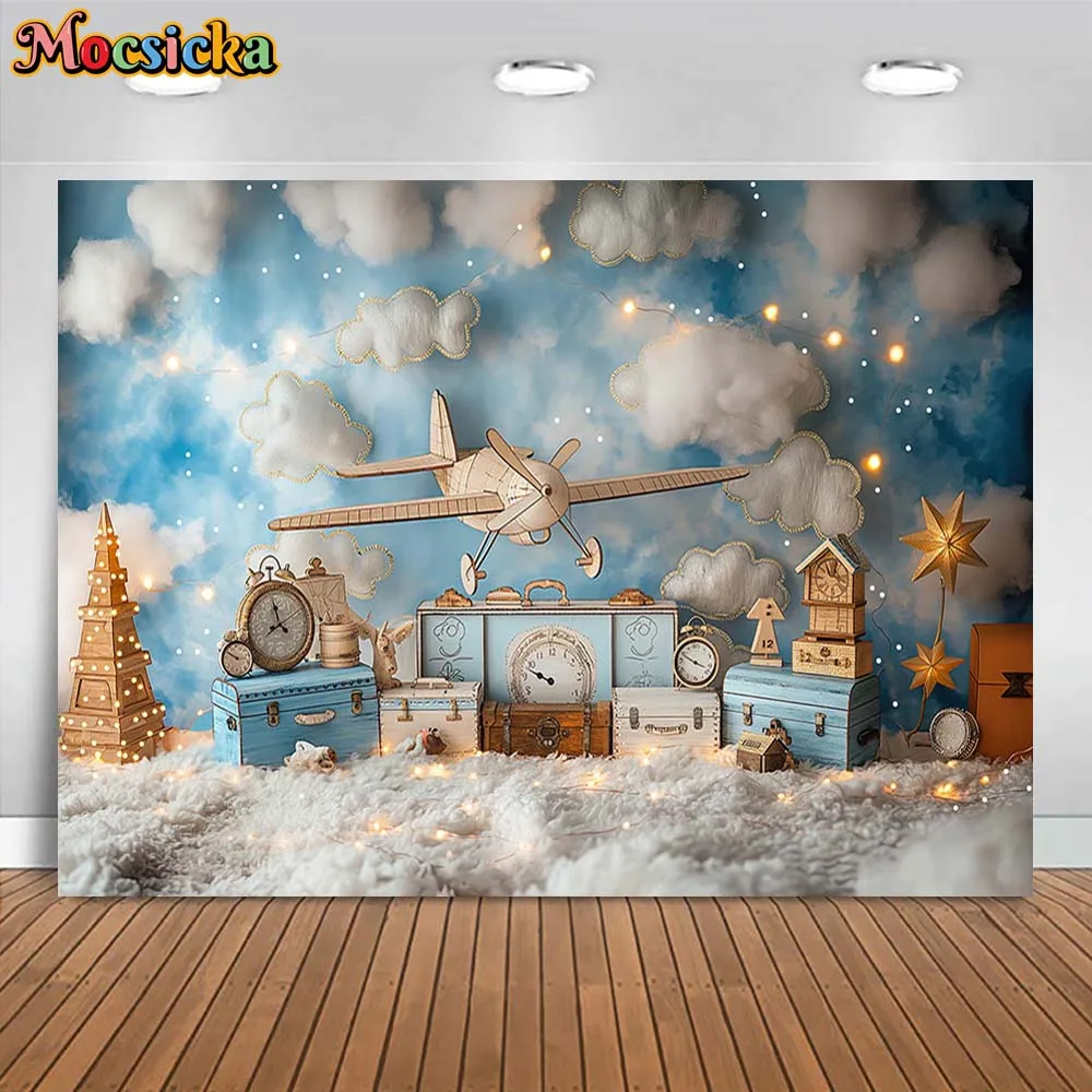 Mocsicka Airplane Adventure Awaits Baby Kids Photography Background Blue Sky White Clouds Boys 1st Birthday Party Decor Backdrop