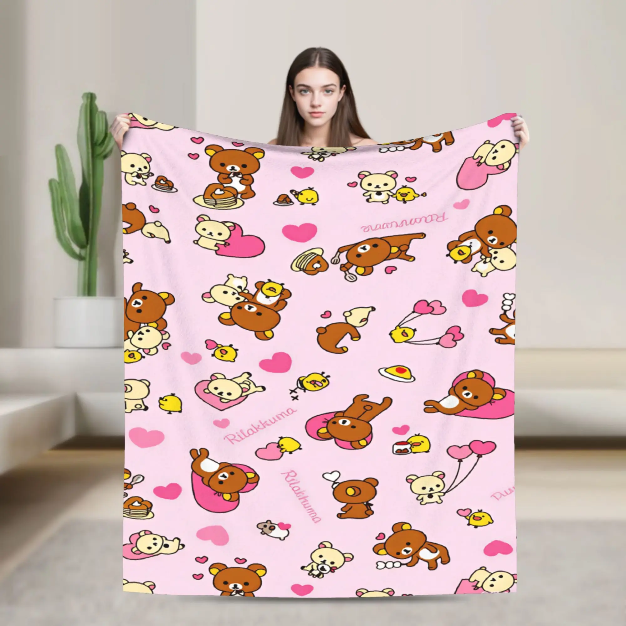 Rilakkuma Light Pink Pattern Plush Blanket Girls Boys  Flannel Throw Blanket For Couch Chair Sofa Bed Warm Soft Bedspread Gift