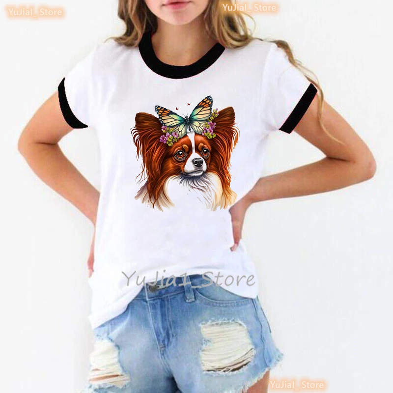 Women'S Clothing Watercolor Papillon Dog Animal Print Tshirt Girls Flowers Butterfly T Shirt Femme Harajuku Kawaii Clothes