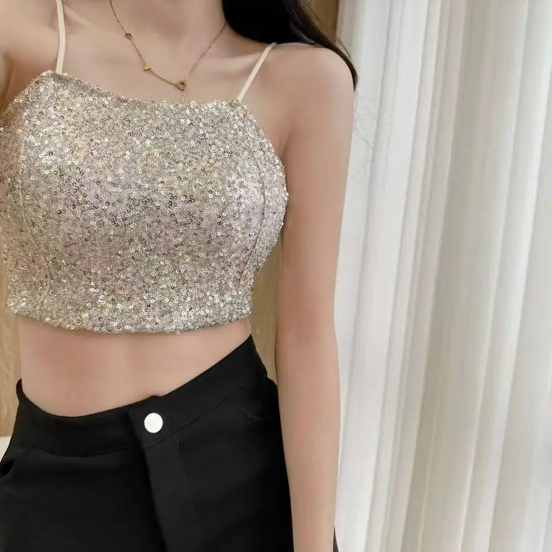 Retro Style Halter Top for Women with Padded Cups Lace Back Design Metal Sequin Decoration Body-Shaping Highly Elastic Fabric