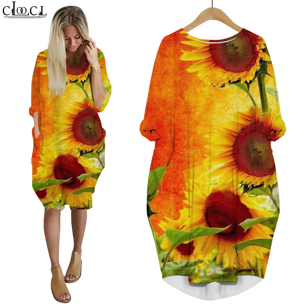 CLOOCL Dresses Vintage Style Long Sleeve Medium Skirt with Pocket Fashion Sunflower Painting 3D Printing Aesthetic Dress