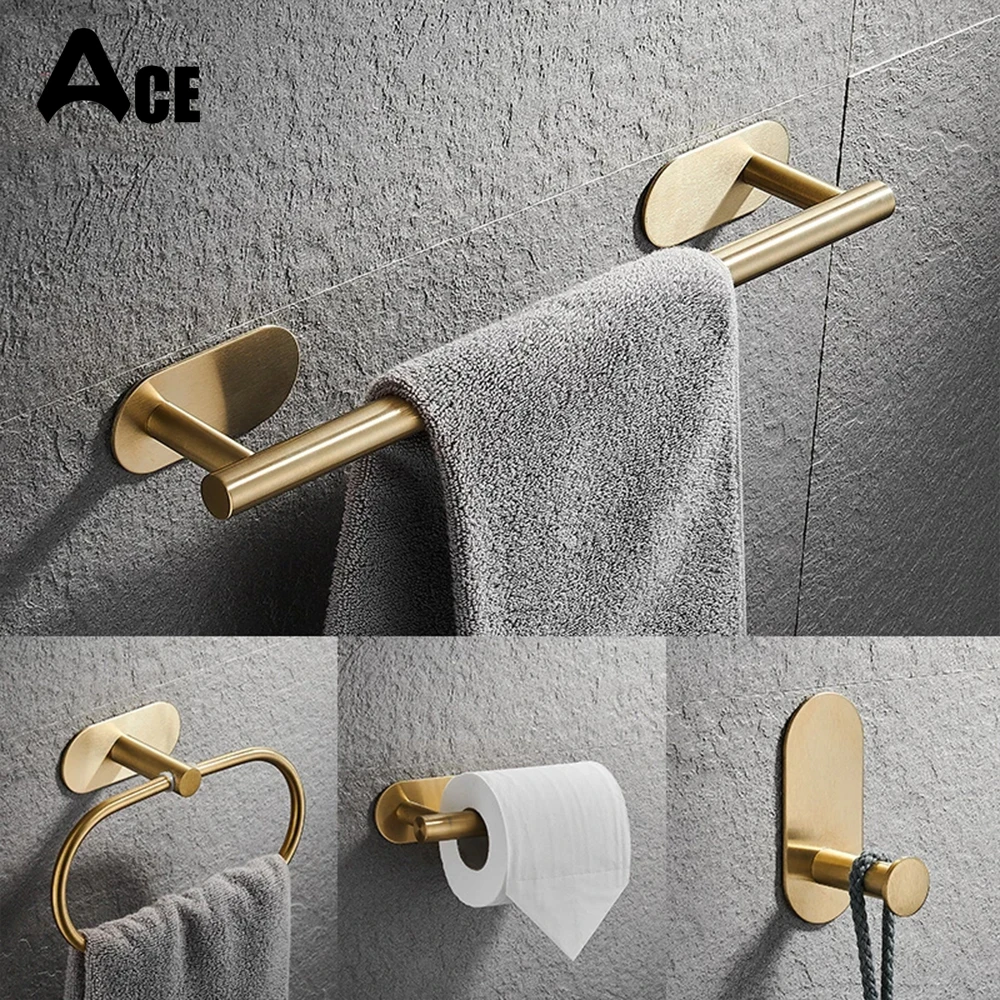 No Drilling Self-adhesive Black Towel Bar Holder Robe Hook Toilet Paper Rack Brushed Gold Bathroom Hardware Accessories Set