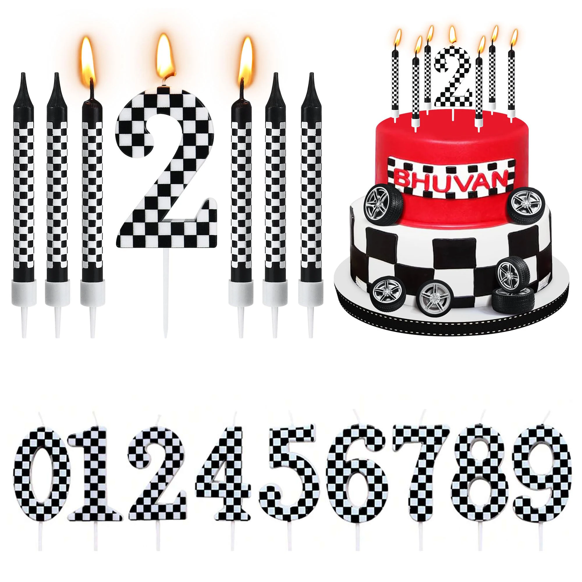 7Pcs Birthday Candles Set,Cake Numeral Candles,Racing Cars Themed Birthday Candles for Cake Candle Checkered Decoration