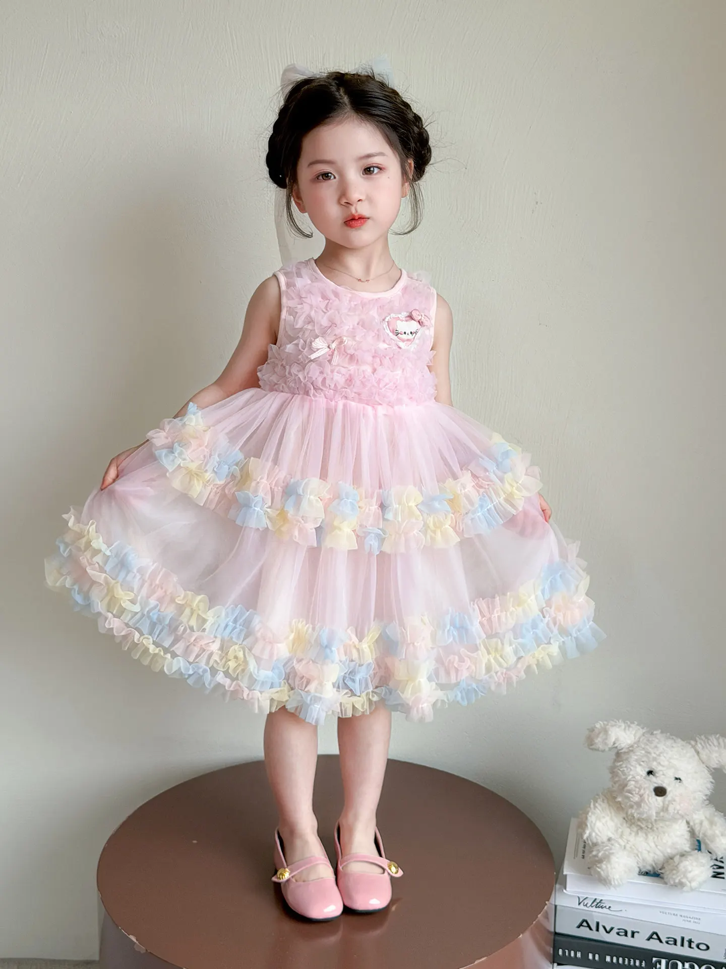 夏の甘いノースリーブプリンセスドレス-女の子用-ソフトで快適な綿ポリエステル混紡-ミッドウエストaラインスカート-ダンスウェア