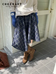 CHEERART Design Plaid Asymmetrical Skirt Women Blue A Line Knee Length Skirt Winter Clothes Shoujo Girl Style