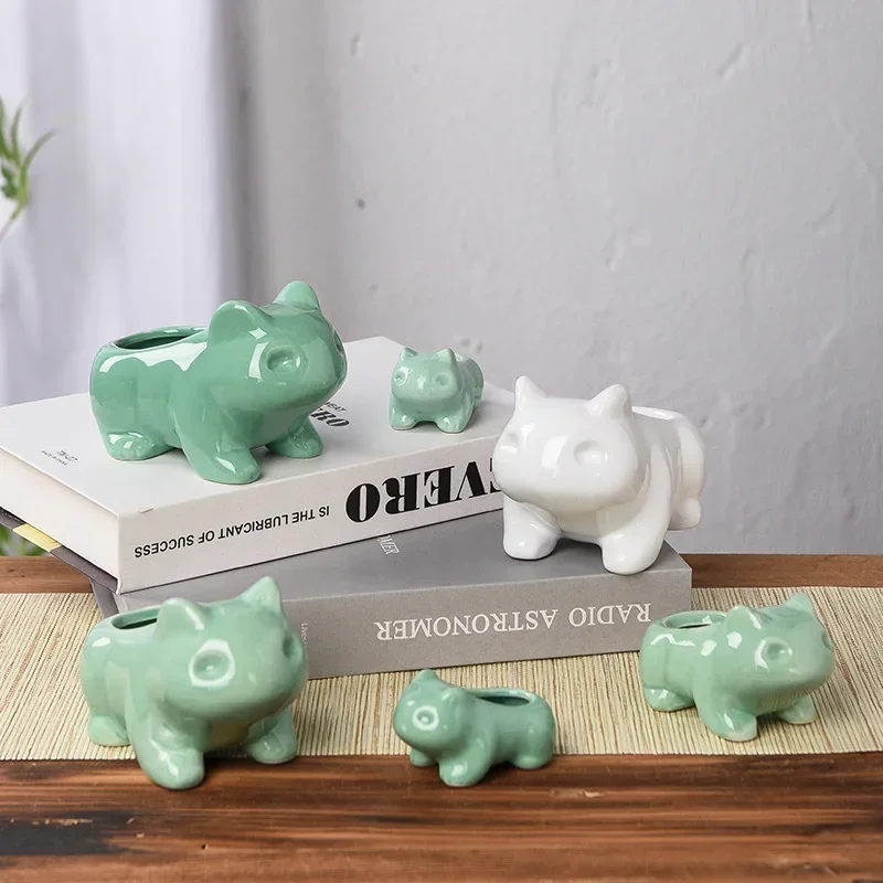 New Cartoon Pokemon Bulbasaur Ceramic Mini Flowerpot Cute Succulent Green Plants Flower Pot Hole Home Garden Decoration Planters