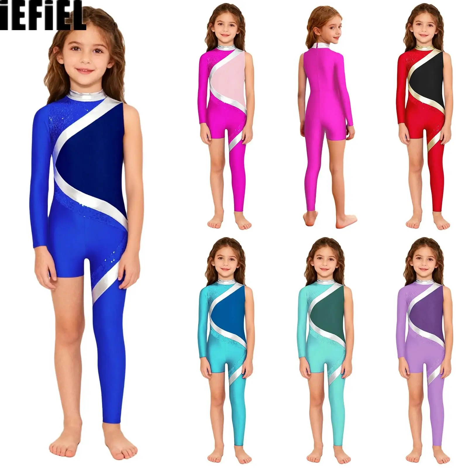 

Kids Girls Color Block Asymmetrical Jumpsuit Mock Neck Back Invisible Zipper Shiny Sequins Gymnastics Ballet Jumpsuit