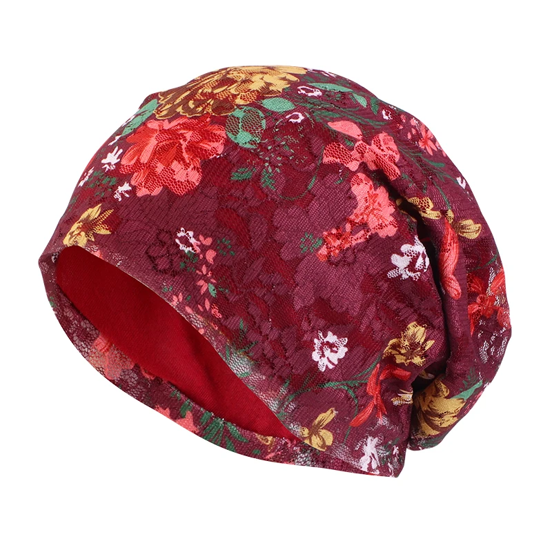 Fashion Printed Lace Head Pullover Hat Breathable Women Ladies Turban Confinement Caps Air Conditioning Cap Flower Beanie