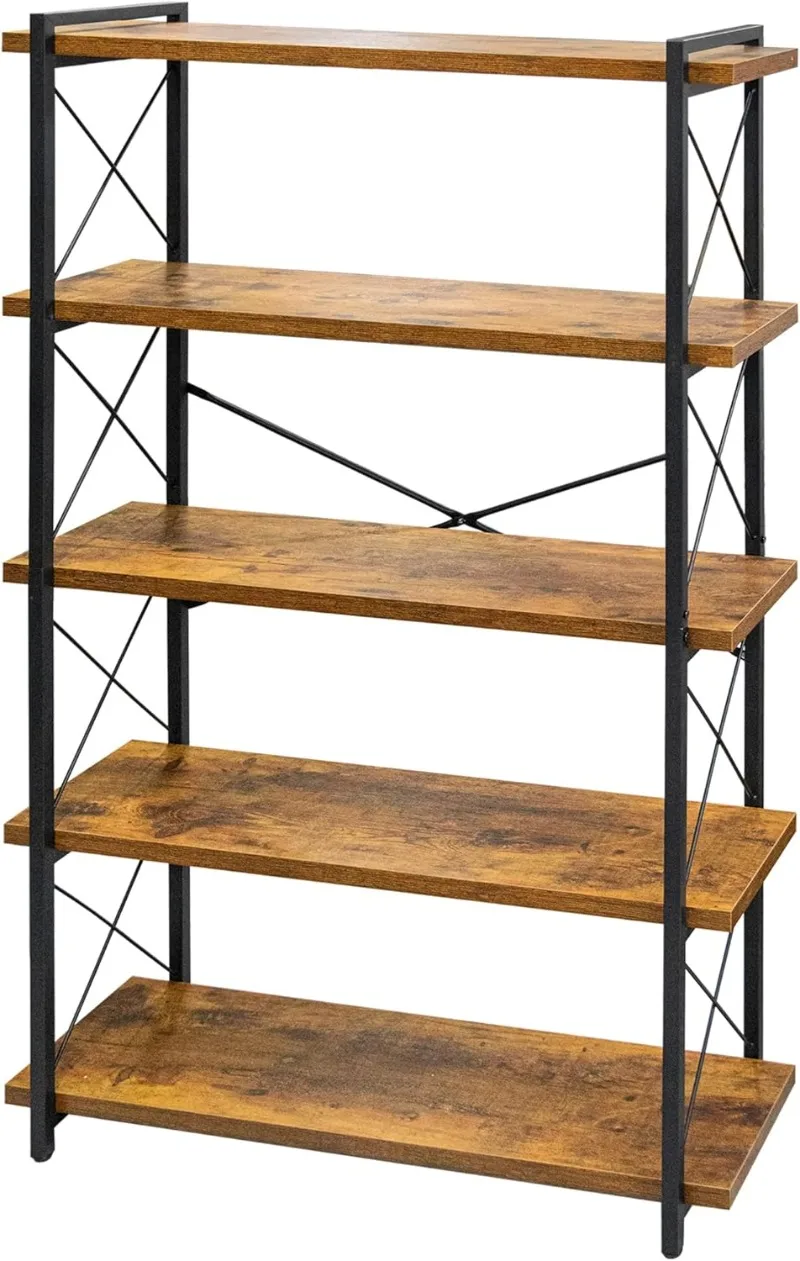 

Bookshelf, 5-Tier Industrial Bookcase, Rustic Open Book Shelf, Freestanding Tall Bookshelves with Metal Frame