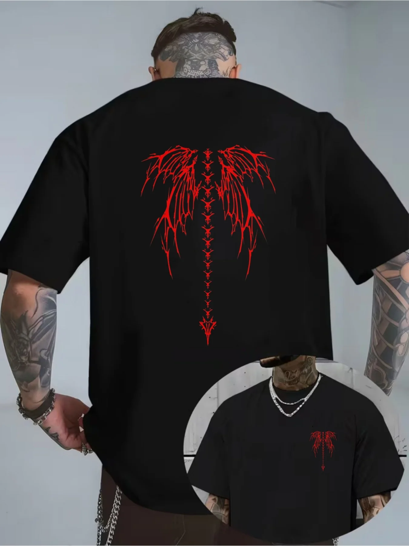 Men'S Dark Gothic Red Wing Spine Tribal Graphic T Shirt, Death Metal Streetwear Casual Double Sided Tee
