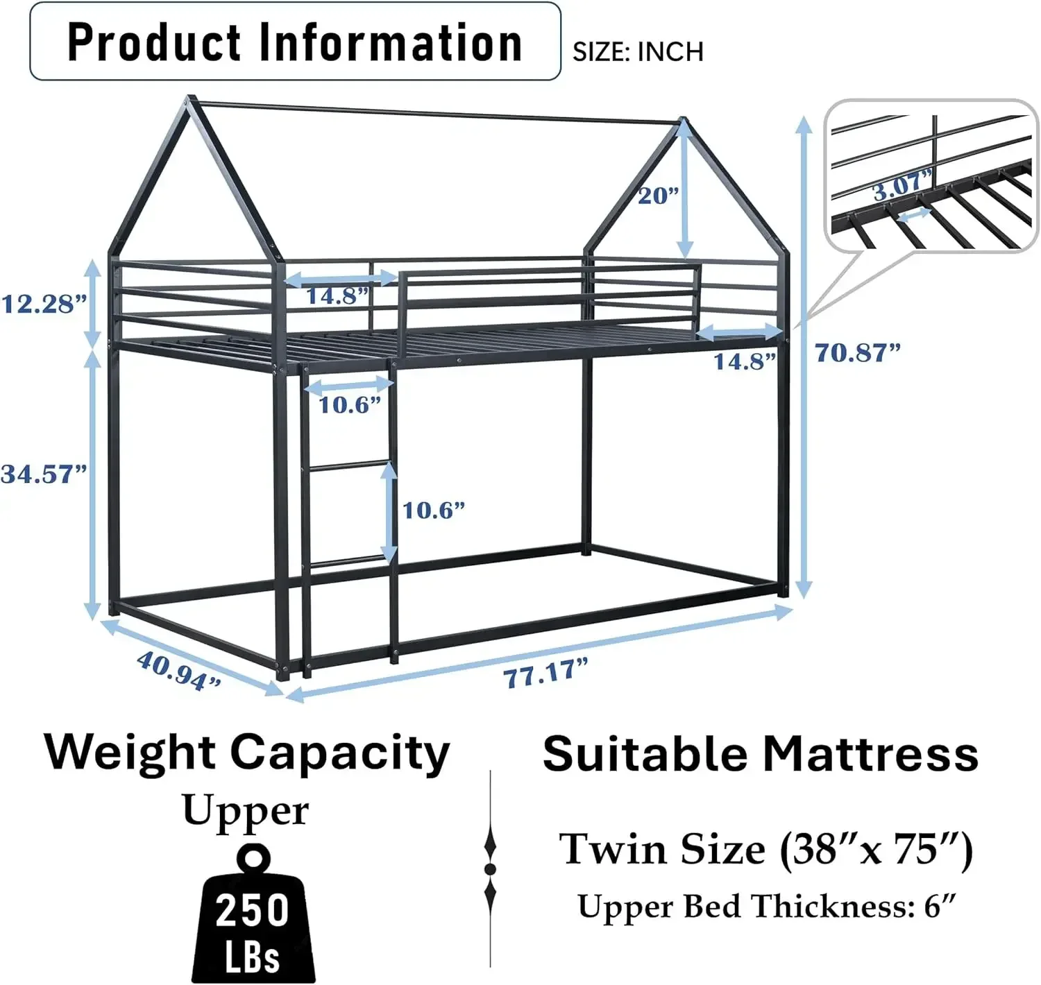 Twin Over Twin Metal Floor Bunk Bed with Safety Guardrails and Roof Design for Kids,Girls, Boys,House Shaped Bunk Bed Frame