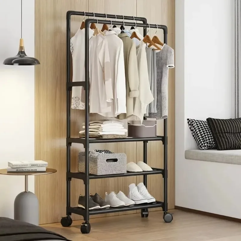 Dual Pole Clothes Hanger Strong Load-bearing Capacity Floor Standing Coat Rack Simply Multi-storey Wardrobe Movable Coat Rack