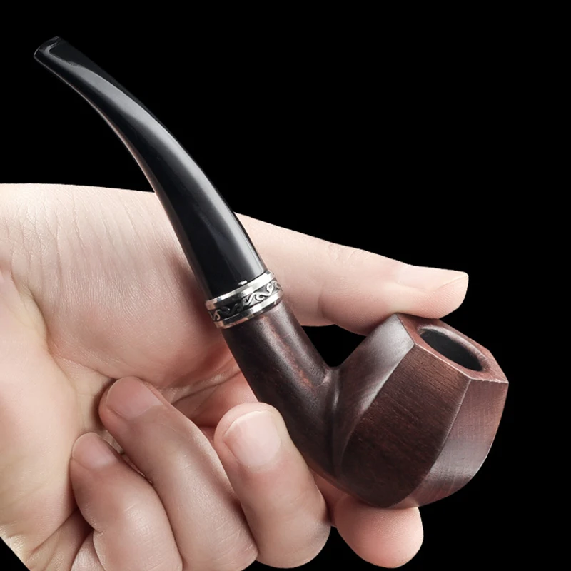 

Hexagonal Beech Wood Pipe With Silver Decorative Ring 9mm Detachable And Portable Filter Curved Solid Wood Dry Pipe