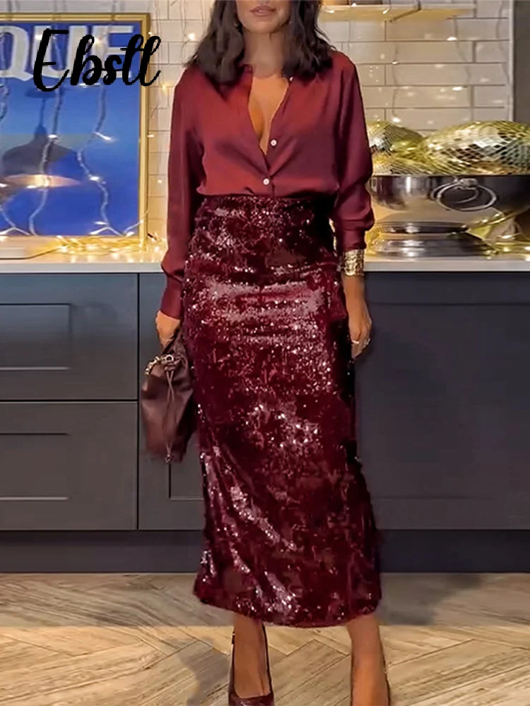 2025 Moda Cekinowa Spódnica Koszula Zestawy Kobiety Długi Rękaw Guziki Koszule Wysoka Talia Dzielone Spódnice INS Wiosna Eleganckie Stroje Damskie