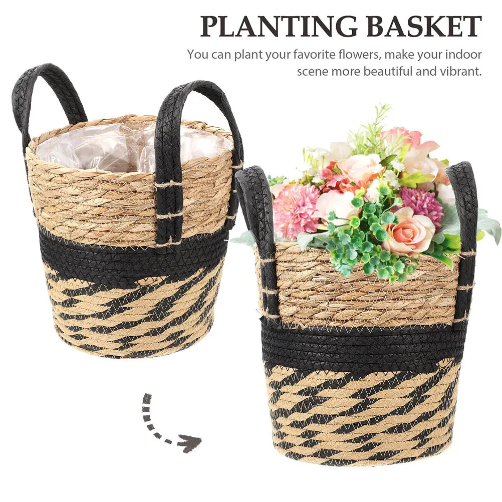 Decorative Woven Flower Basket with Handles Indoor Flower Planter Multi Purpose Plant Basket for Succulents Cacti and Flowers