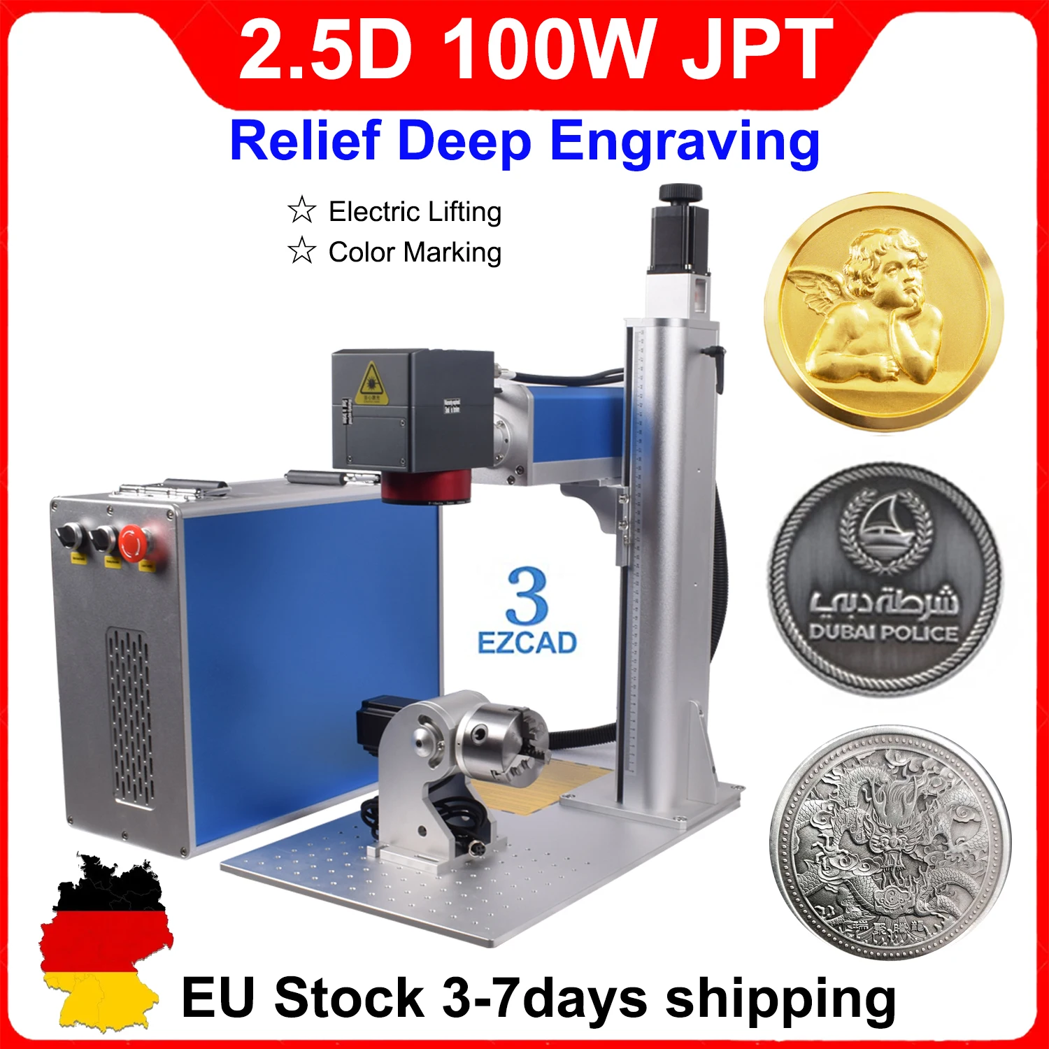JPT-Machine de marquage laser à fibre de levage électrique, Mopa 2.5D, 100W, Graveur laser à fibre de levage, Instituts 3D, Gravure profonde, Coupe tout métal