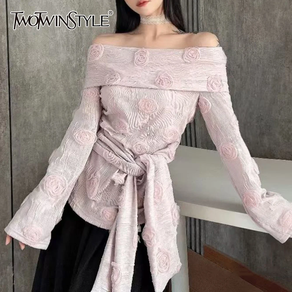 

TWOTWINSTYLE Pink Spliced Bandage Chic Vest Female Slash Neck Long Sleeve Patchwork Flower Sweet Women's Vests Style Fashion New
