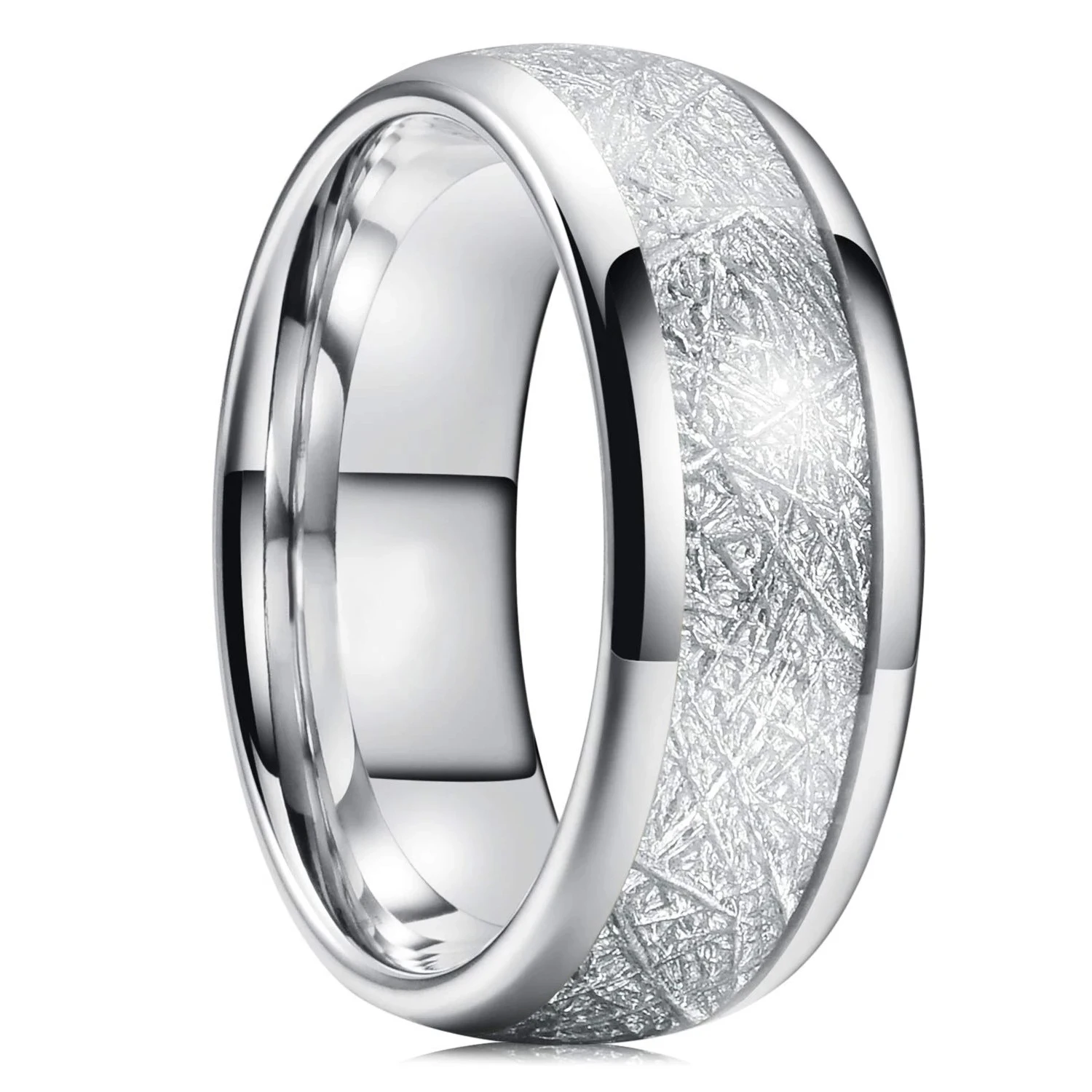 Trendy 8mm Männer Edelstahl Ringe Vintage Silber Farbe Meteorites Inlay Hochglanzpolierte Ringe Für Männer Hochzeit Band Schmuck geschenk