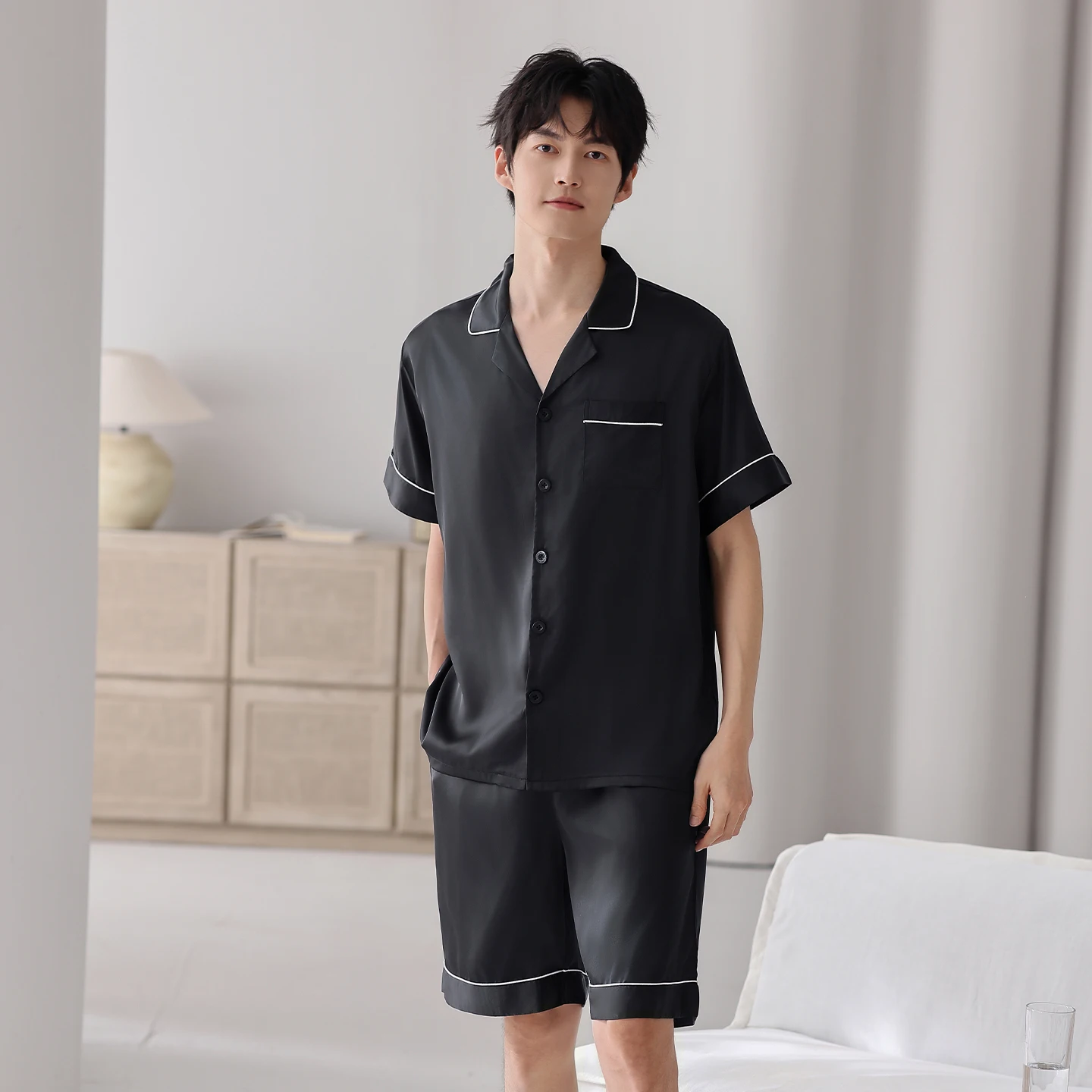 

Solid Cardigan Satin Pajamas Short Sleeve For Men Silk Imitation Short Pants Sleepwear Summer Male Pajamas Set Nightgown For Men