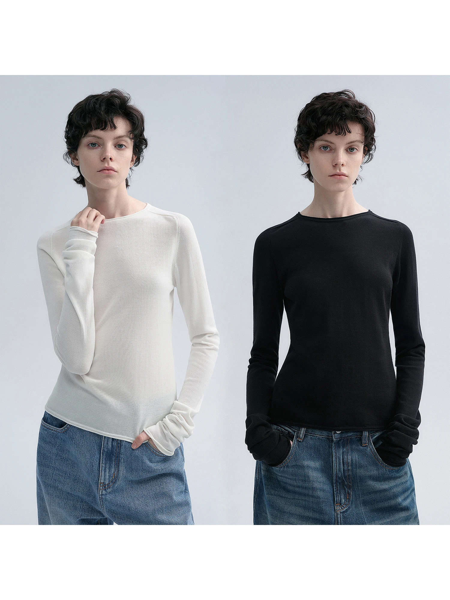 

Женская базовая футболка Hua Ji Yan из чистого хлопка, длинная, с круглым вырезом, приталенная, с манжетами, весна 2026