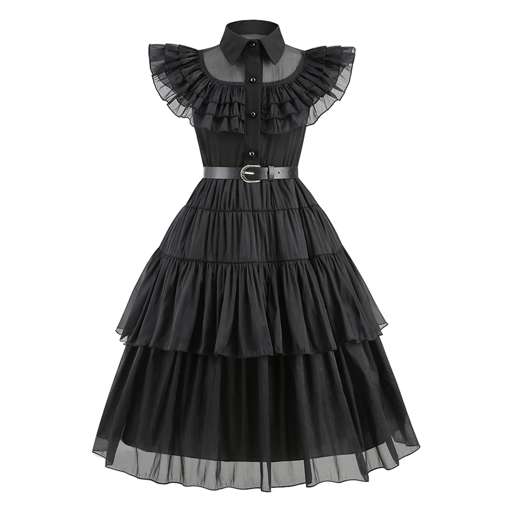 Wednesday Addams Costumes for Girls 2023 Movie Wednesday Mesh Dress Halloween Carnival Gothic Winds Party Dress Up