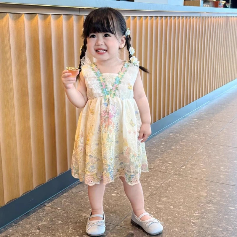 

2026 Summer New Hot Selling Children's Flower V-neck Waist Sleeveless Cute Dress