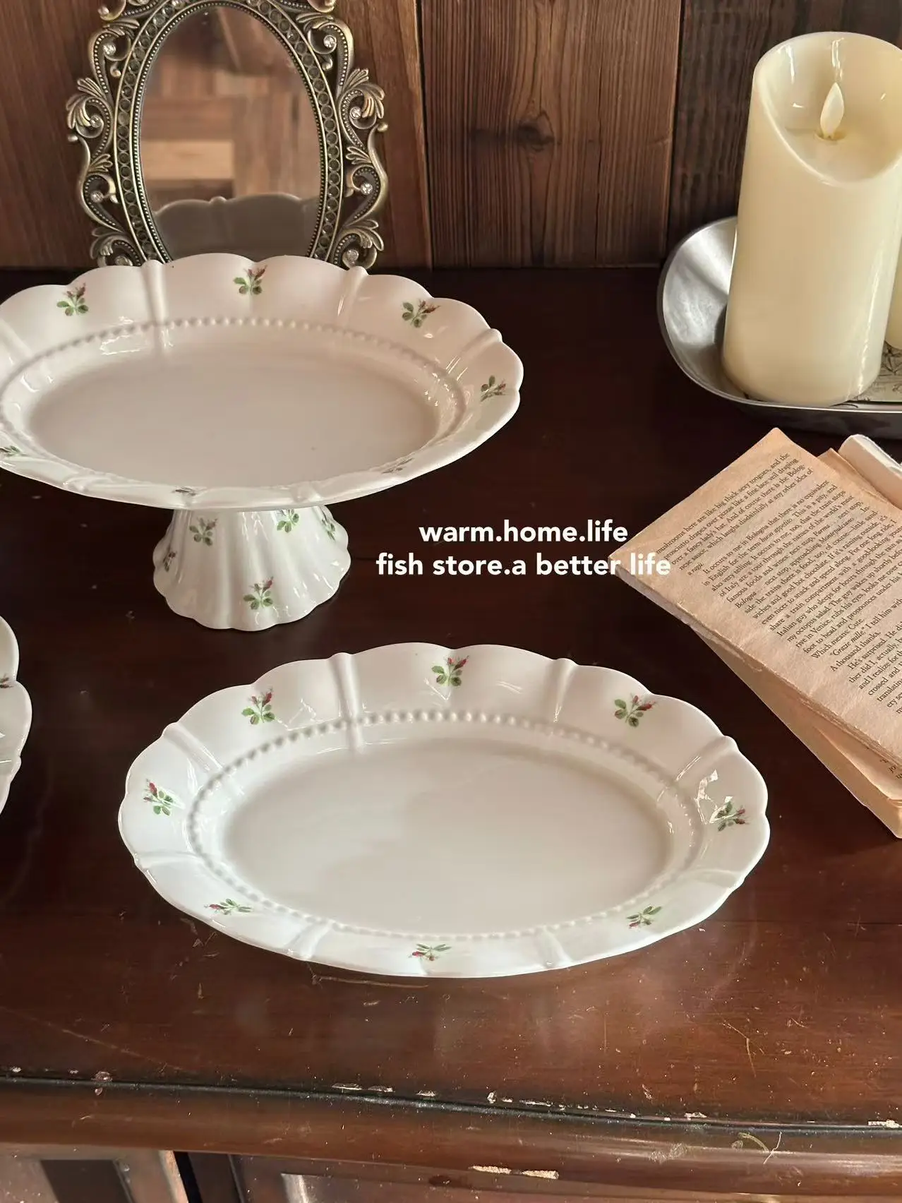 

French Vintage Cerc Plate Floral Dert Cake Serving Bowl Branch Flower Design Oval ape Universal Use High Temperature ...