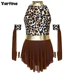 Costume de Cosplay de carnaval d'halloween en pierre de grotte préhistorique pour enfants filles, robe métallique brillante imprimé léopard et manches assorties