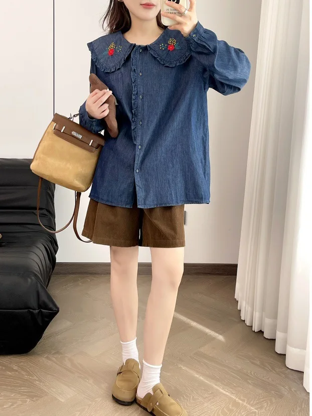 New Summer Cotton Long Sleeve Denim Shirt, Woman Peter Pan Collar Embroidery Tops, Mori Girl Sweet Loose Blouses, Fall T47883QC