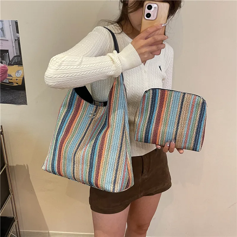 Tas Tote Blok Warna Baru 2025 - Tas Selempang/Tas Bahu Anyaman, Tas Tangan Unik untuk Wanita, Luas untuk Kerja & Penggunaan Sehari-hari ‌