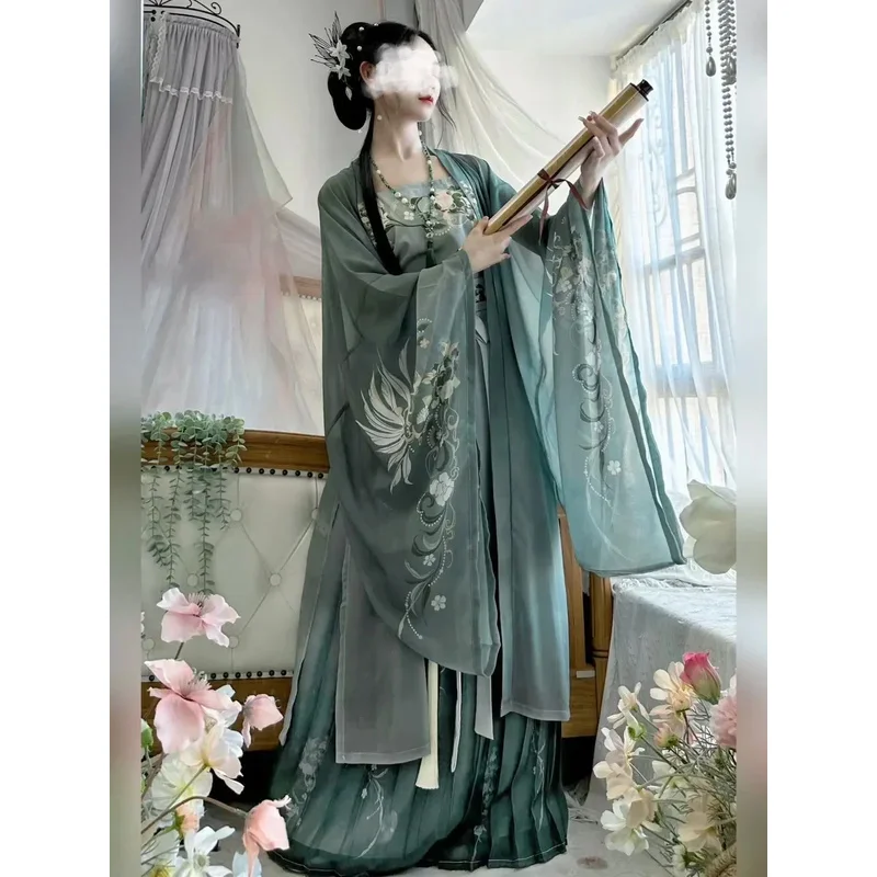 Ancient Chinese hanfu dress women Chinese traditional cosplay costume green printed Hanfu 3PCs sets for women plus size XL