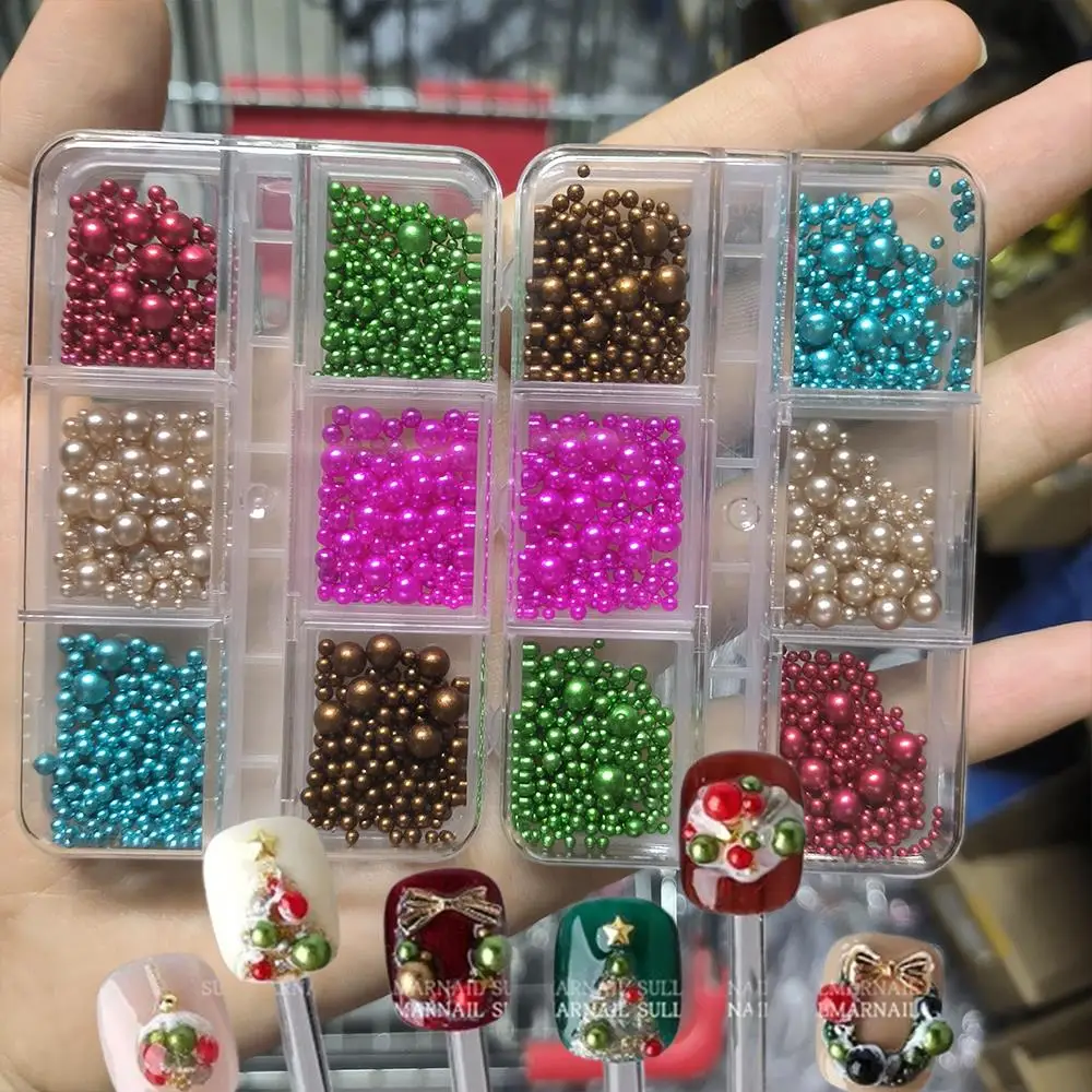 6/12Grids 3D Christmas Colorful Pearls Bead Nail Charms Mixed Round Balls Nail Art Decorations Xmas Beads DIY Manicure Jewelry