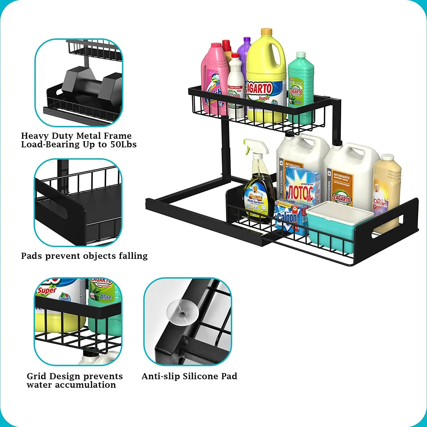 Under Kitchen Sink Organizer, 2 Tier with Sliding Rail, Storage Rack for Bathroom, Upgraded, Hot Selling, 2 Packs