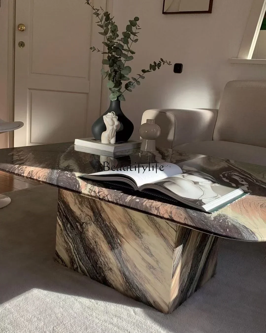 

Italian four seasons green marble coffee table natural light luxury living room French minimalist designer