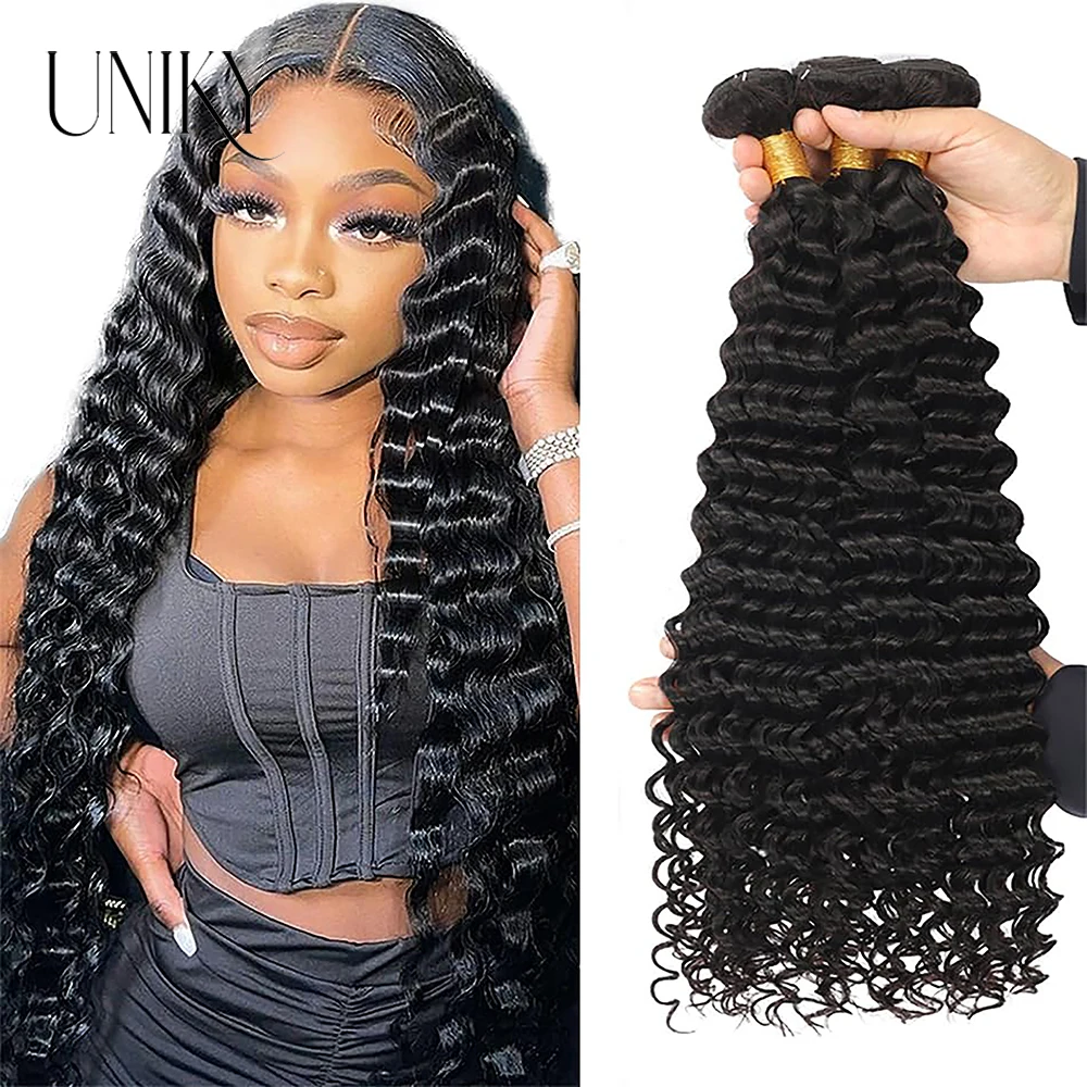 Tissage en Lot Deep Wave 100% Naturel Noir, Extension de Cheveux Humains Non Traités