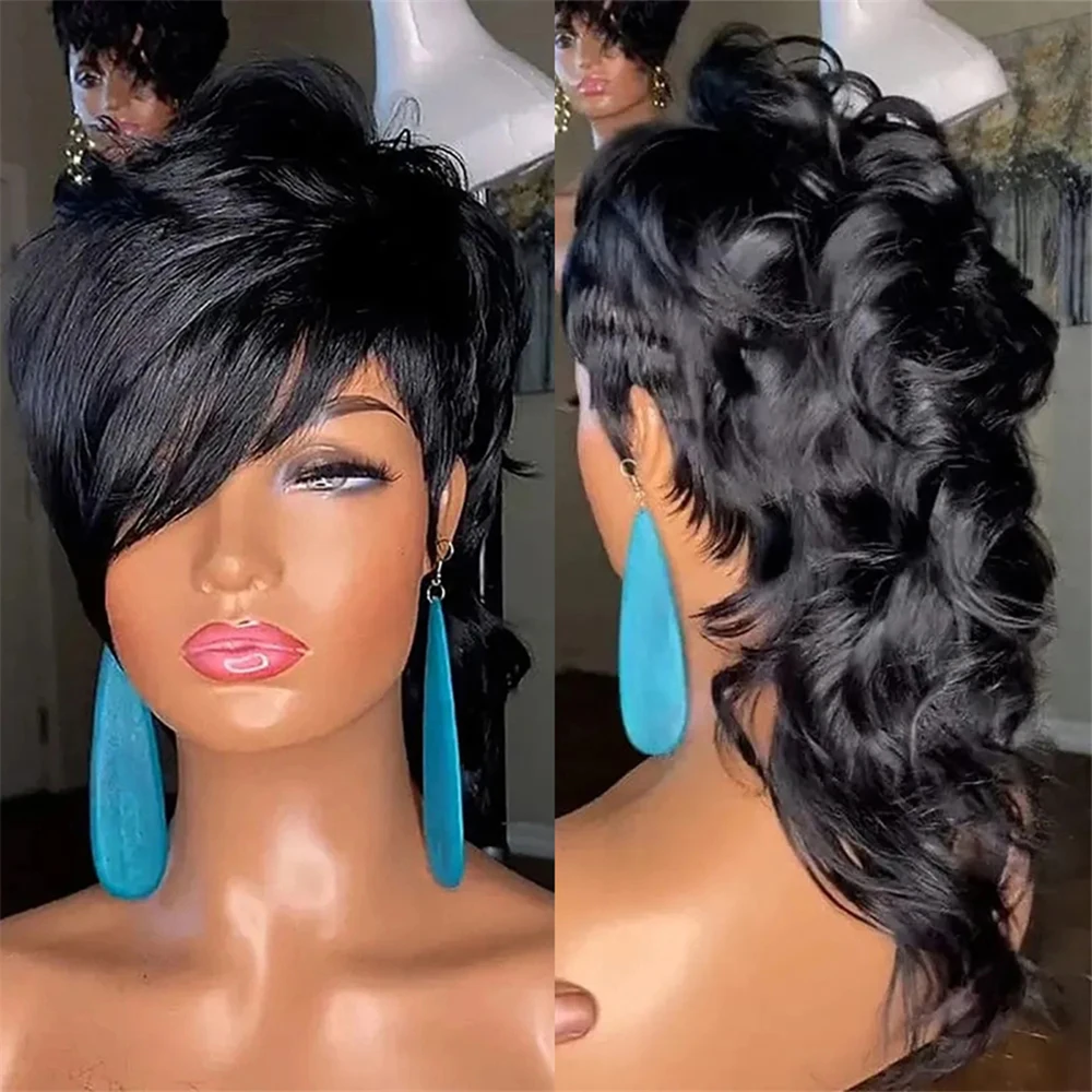 Mullet Wigs Short Pixie Cut Wigs for black Women Full Machine Made Wig With Bangs Dovetail Straight Highlight Real Human Hair