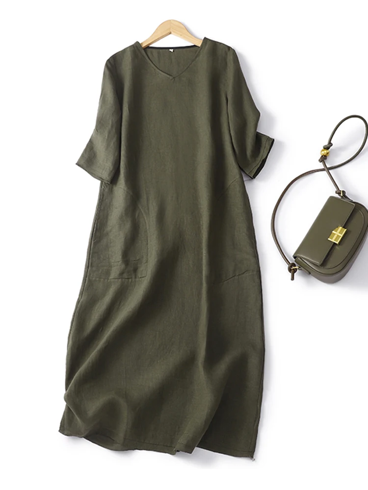 

Retro Cotton Solid Elegant Midi Dresses V-Neck Casual Loose Minimalist Designer Literature Dresses for Women Army Green