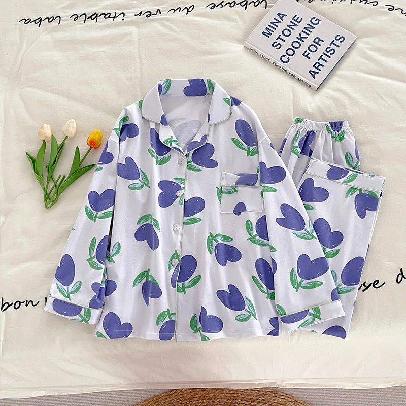 Blue Tulip Printing Spring and Autumn New Pajamas for Women, Long Sleeved, Sweet Stylish Spring Autumn Cardigan Youth Girl's Pjs