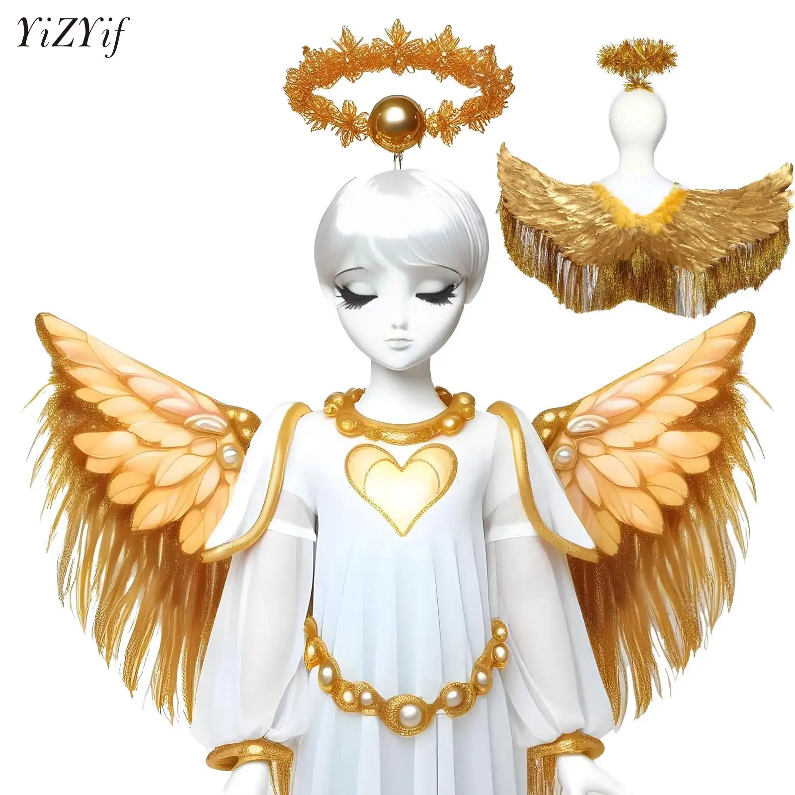 

Metallic Shiny Feather Angel Wings Gold Plate Wings with Foil Tinsel Headband for Halloween Cosplay Masquerade Catwalk Show Prop