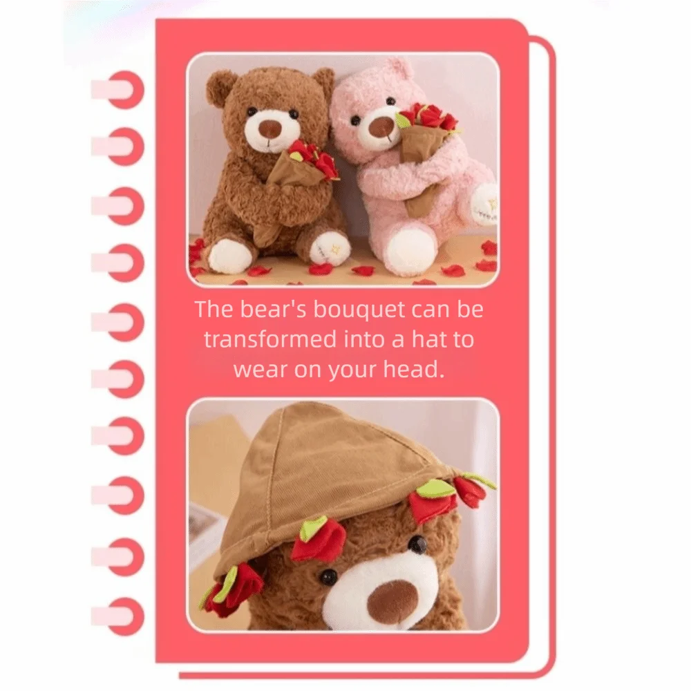 

Kawaii Romantic Rose Bear Cartoon Floral Blanket Bear Wear Rose Hat Detachable Bouquet Bear Valentine's Day