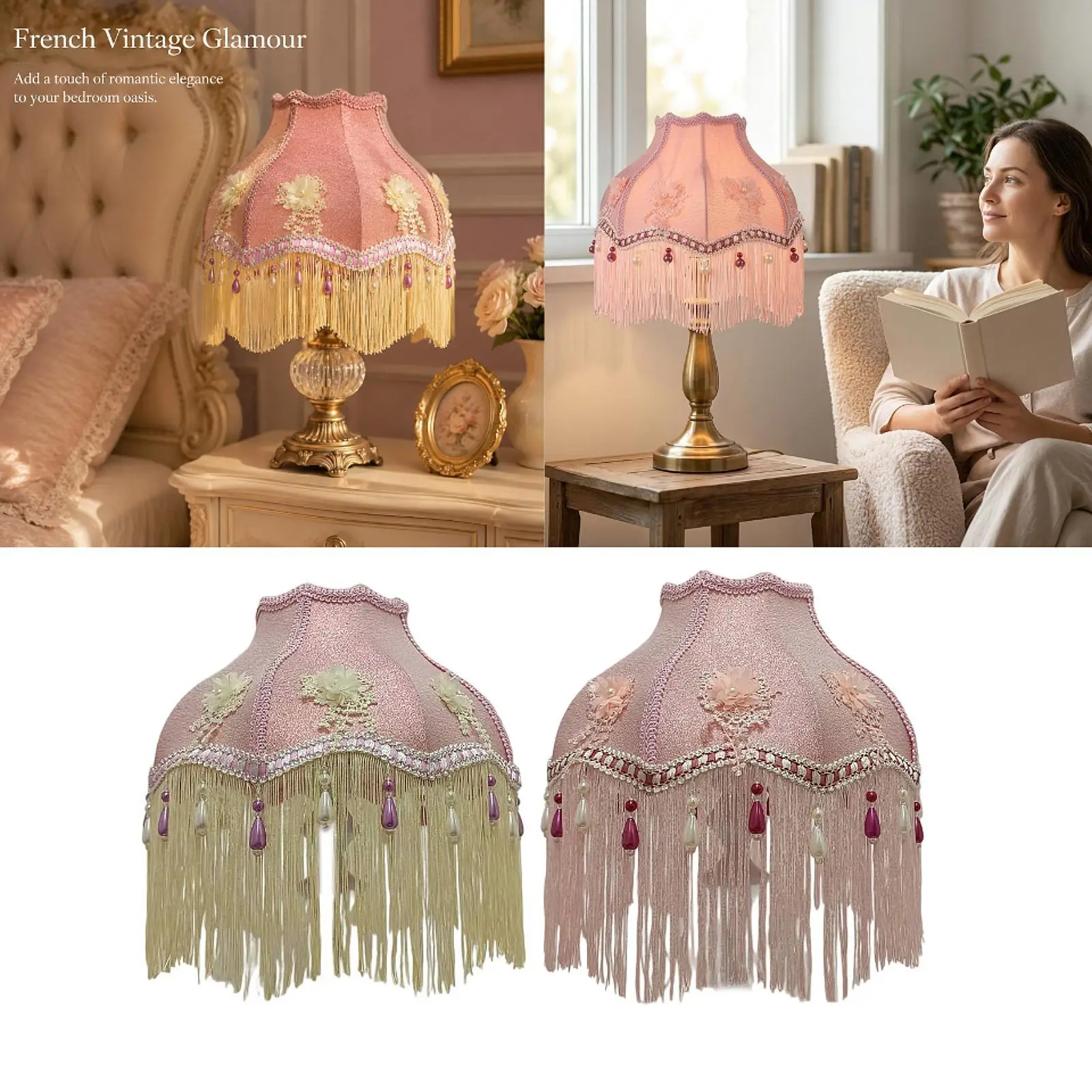 Floral Cloth Lampshade Vintage Tassel Lamp Cover Velvet Lamp Shade Decorative Lighting for Bedside Floor Lamp